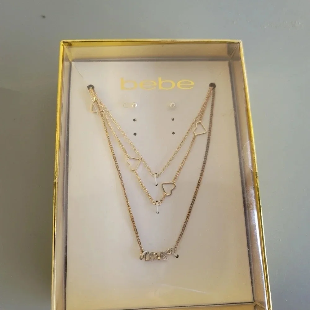 NEW BEBE BOX SET GOLD TONE CHAIN LOVE NECKLACE HEART **Missing 2 Sets Earrings**